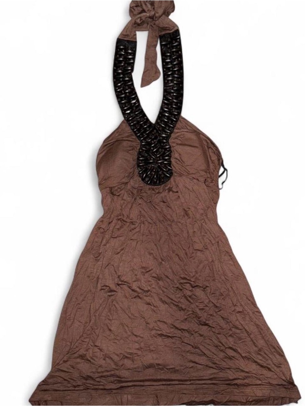 Vintage Y2K Brown Halter Dress with Wooden Beaded Black Neck Detail by Voila